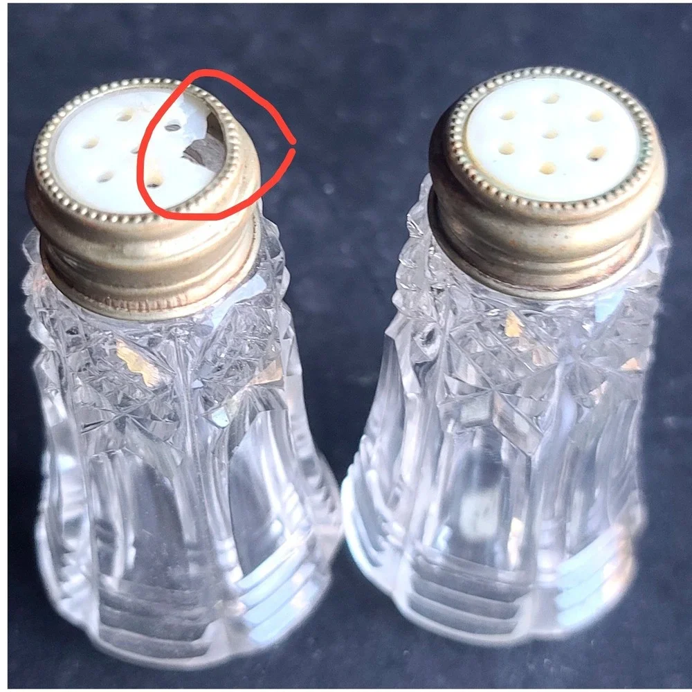 Vintage Crystal Salt-n-Pepper Shakers Metal Lids Mother of Pearl Lids Sterling‎